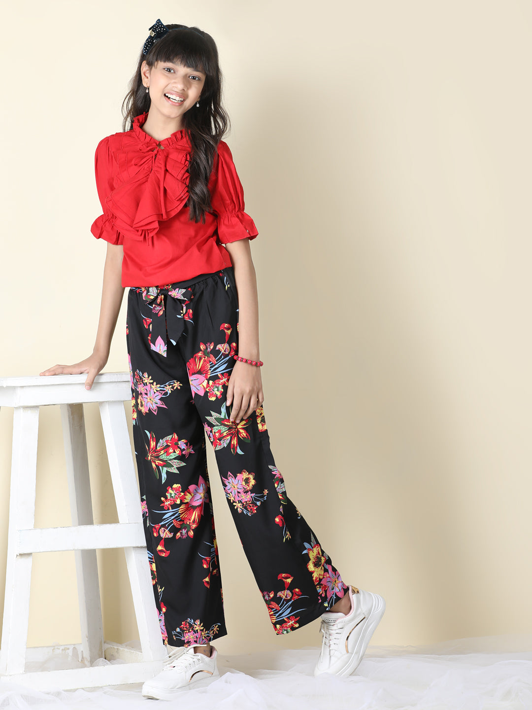 Cutiekins Girls Tie-up Neck Solid Top With Printed Palazzo -Red & Black