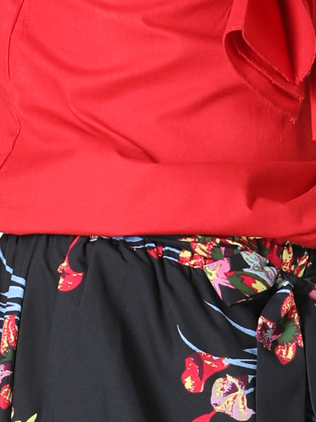 Cutiekins Girls Tie-up Neck Solid Top With Printed Palazzo -Red & Black