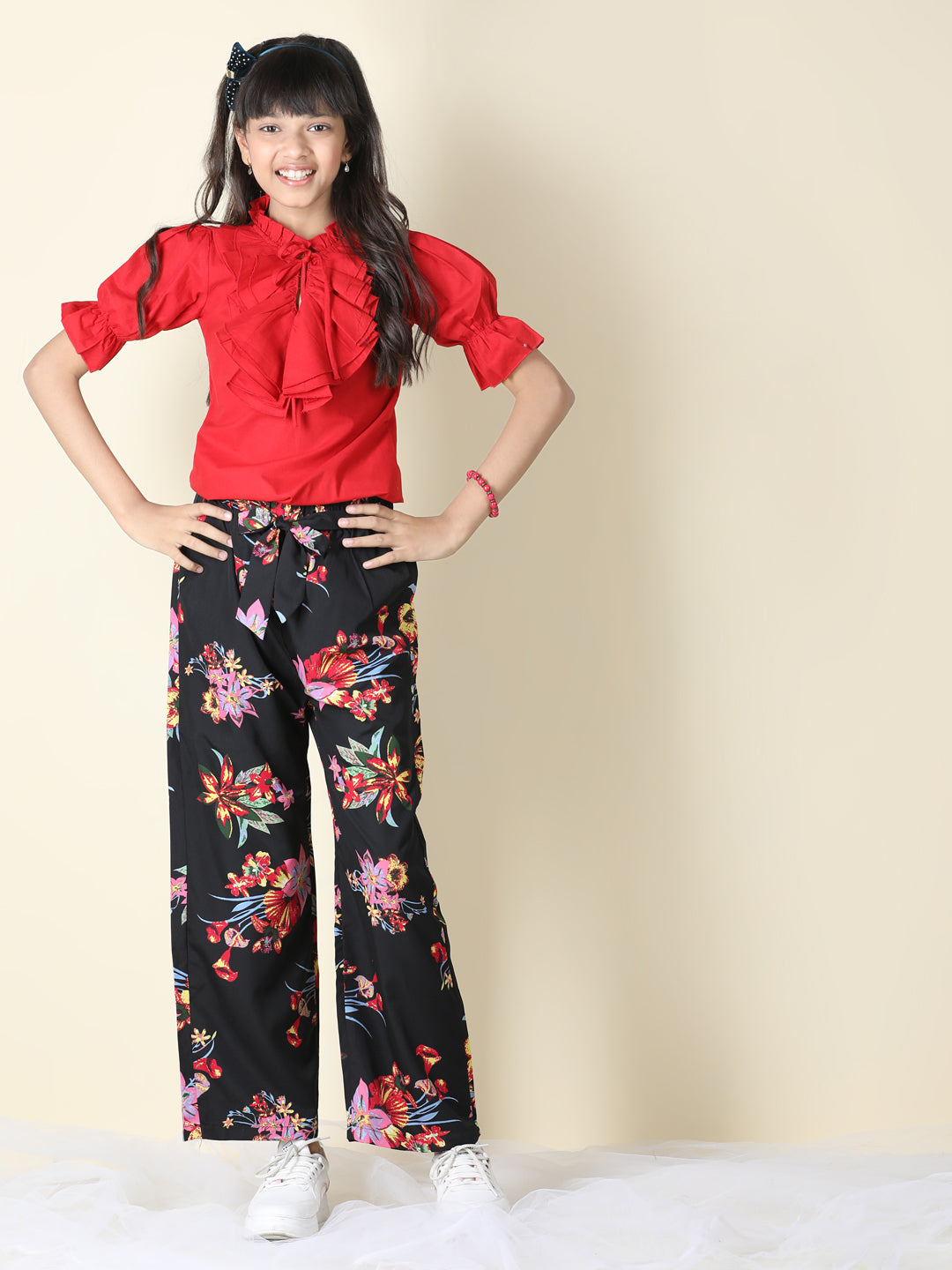 Cutiekins Girls Tie-up Neck Solid Top With Printed Palazzo -Red & Black