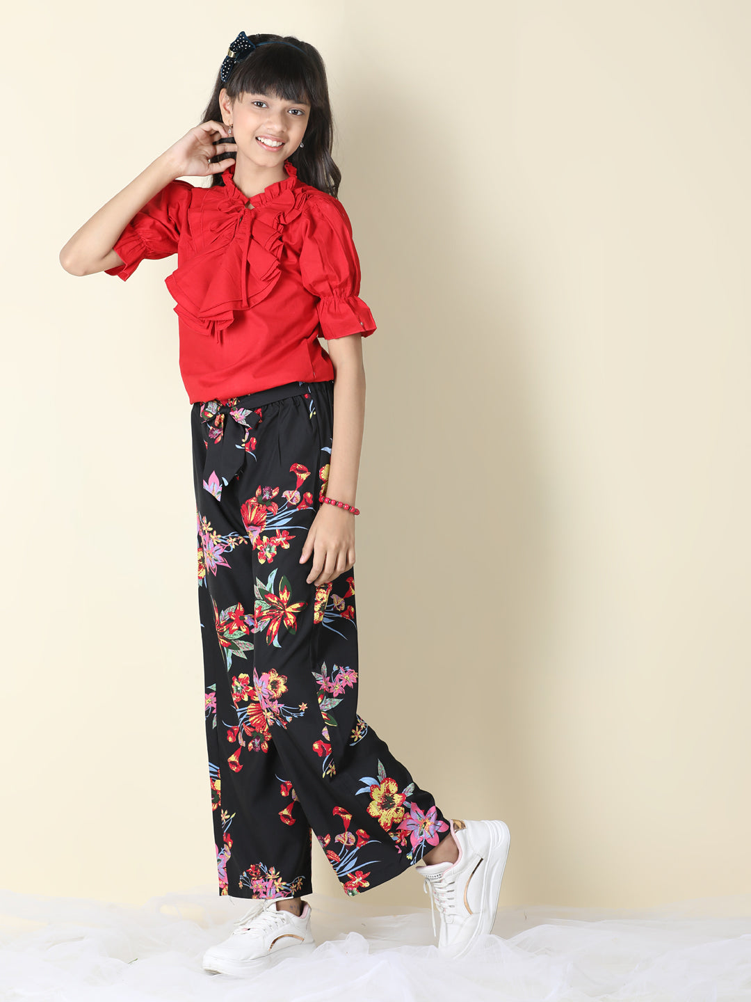 Cutiekins Girls Tie-up Neck Solid Top With Printed Palazzo -Red & Black