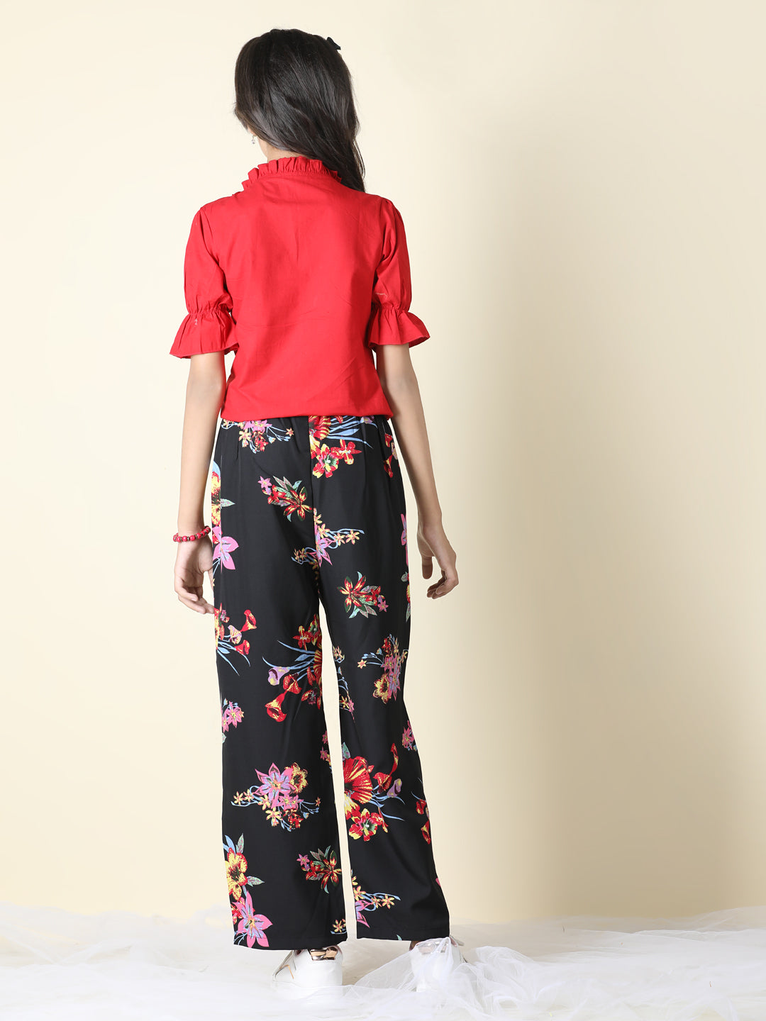 Cutiekins Girls Tie-up Neck Solid Top With Printed Palazzo -Red & Black