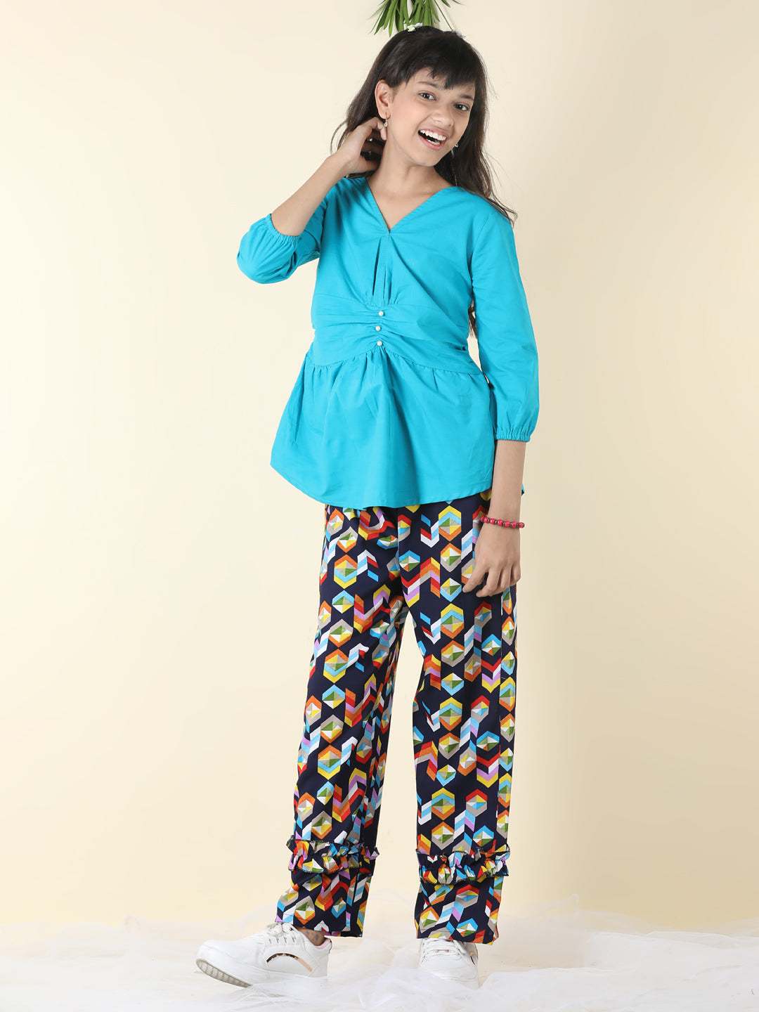 Cutiekins Girls Solid Embellished Top With Printed Palazzo -Teal Blue & Multi