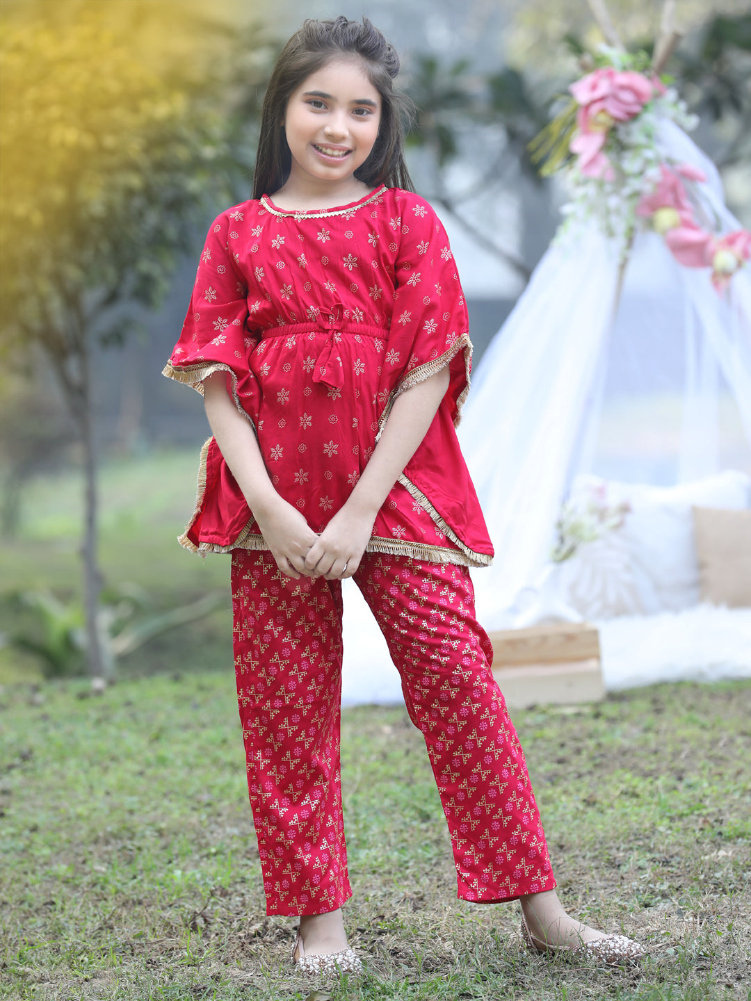 Cutiekins Round Neck Printed Rayon Kurta & Palazzo Set -Hot Pink & Golden