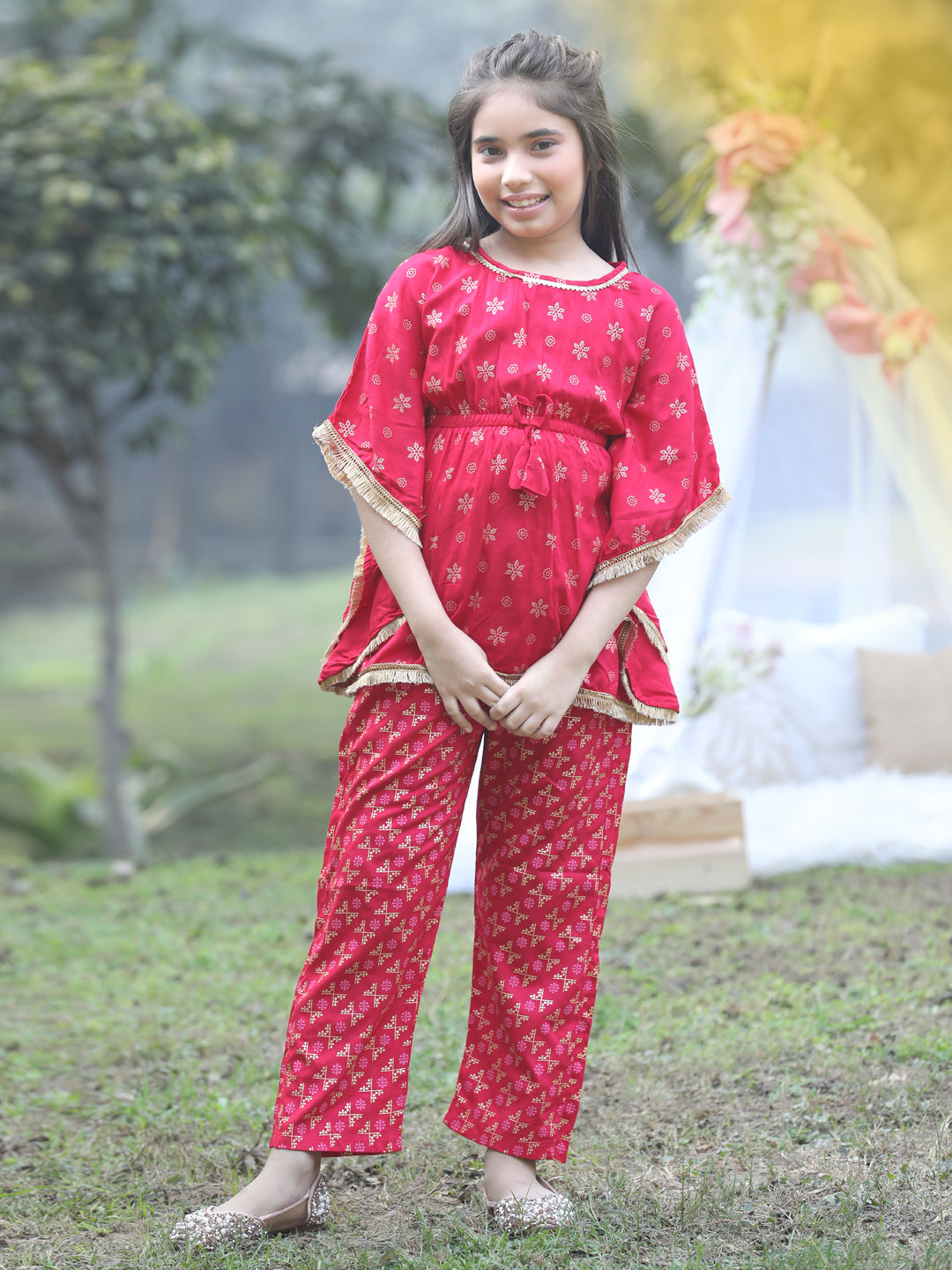 Cutiekins Round Neck Printed Rayon Kurta & Palazzo Set -Hot Pink & Golden