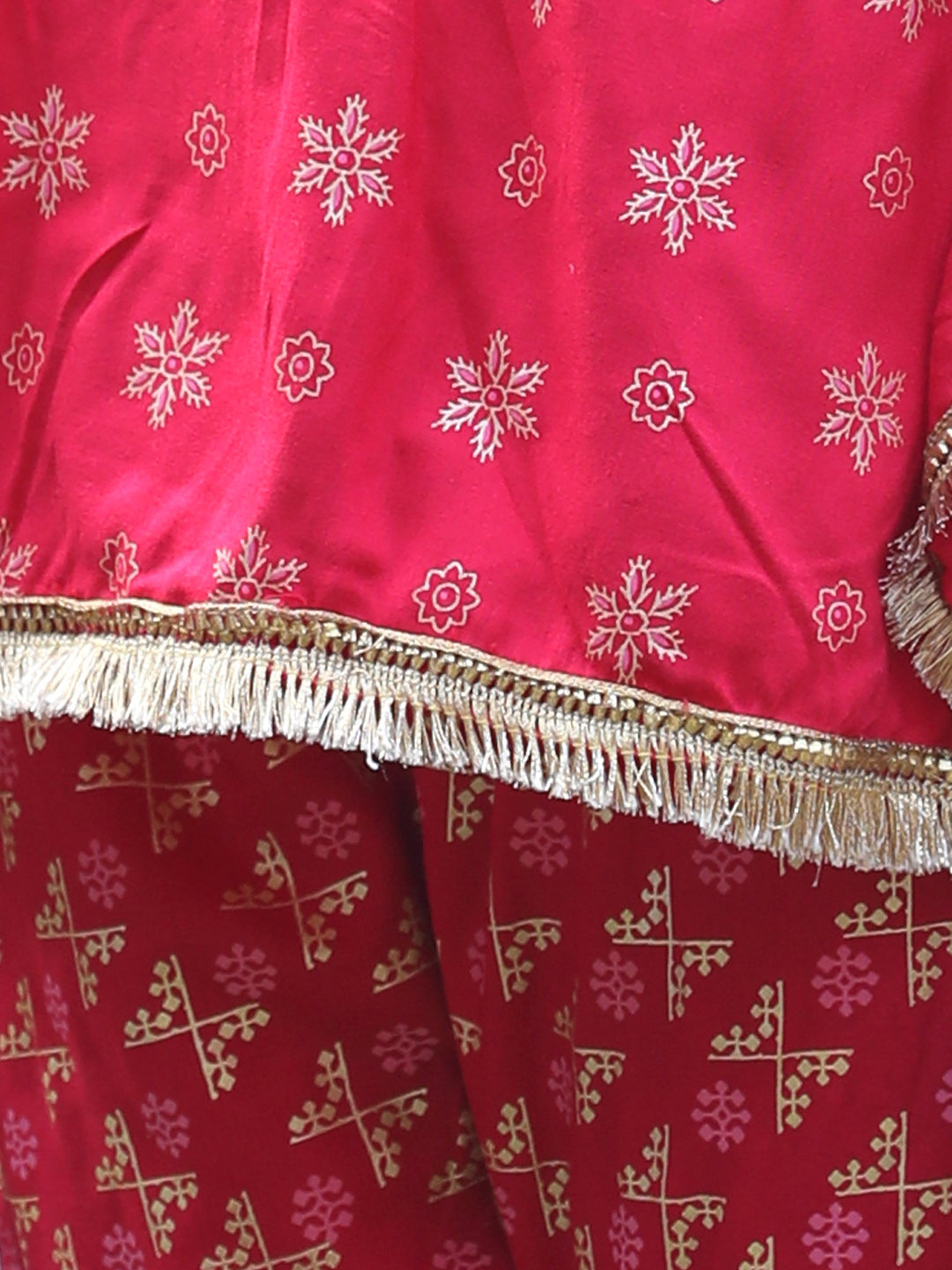 Cutiekins Round Neck Printed Rayon Kurta & Palazzo Set -Hot Pink & Golden