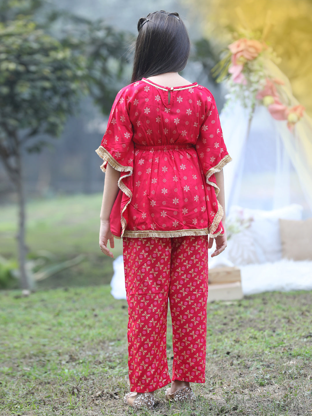 Cutiekins Round Neck Printed Rayon Kurta & Palazzo Set -Hot Pink & Golden