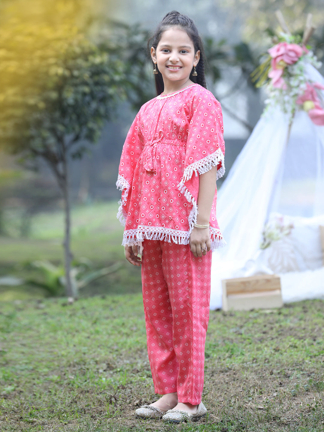 Cutiekins Round Neck Printed Rayon Kurta & Palazzo Set -Pink & White