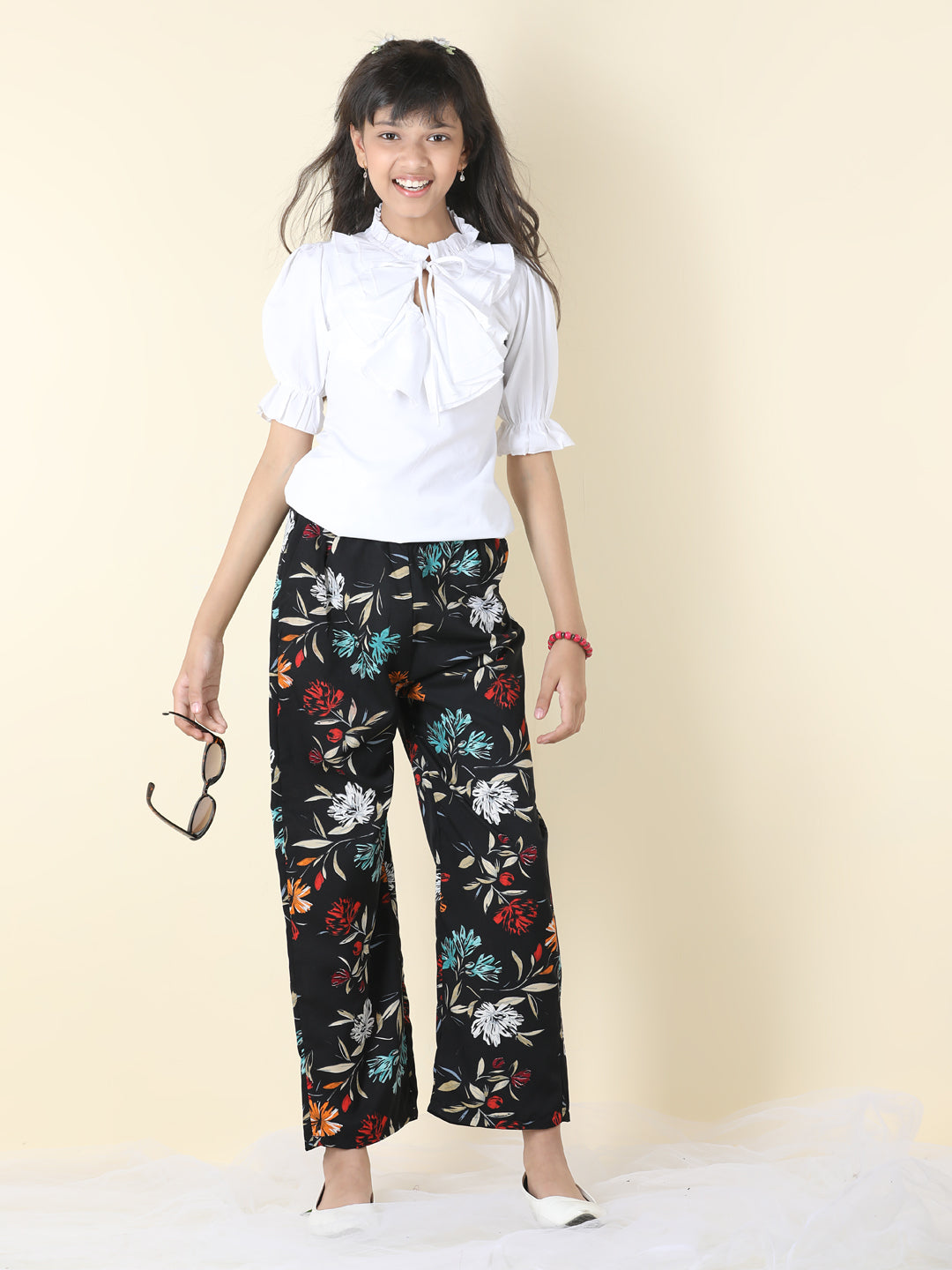 Cutiekins Girls Tie-up Neck Solid Top With Printed Palazzo -White & Black