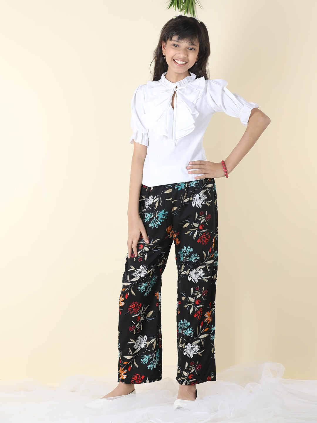 Cutiekins Girls Tie-up Neck Solid Top With Printed Palazzo -White & Black