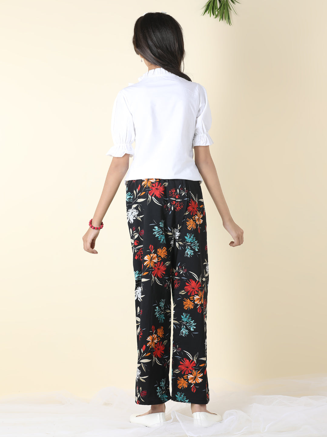 Cutiekins Girls Tie-up Neck Solid Top With Printed Palazzo -White & Black