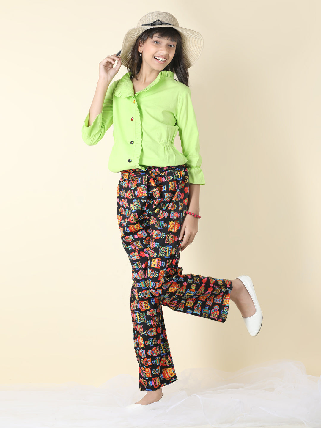 Cutiekins Girls Shirt Style Solid Top With Printed Palazzo -Grass Green & Multi