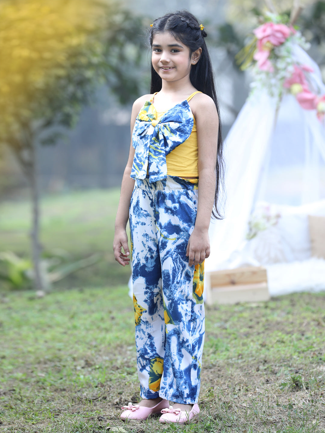 Cutiekins Shoulder Straps Printed Crop Top & Trousers Set -Yellow & Blue