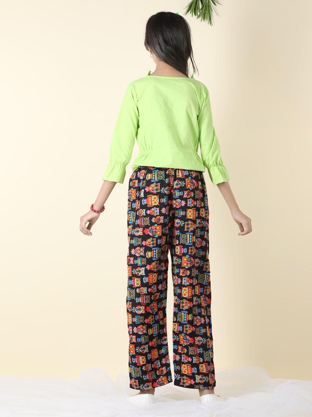 Cutiekins Girls Shirt Style Solid Top With Printed Palazzo -Grass Green & Multi