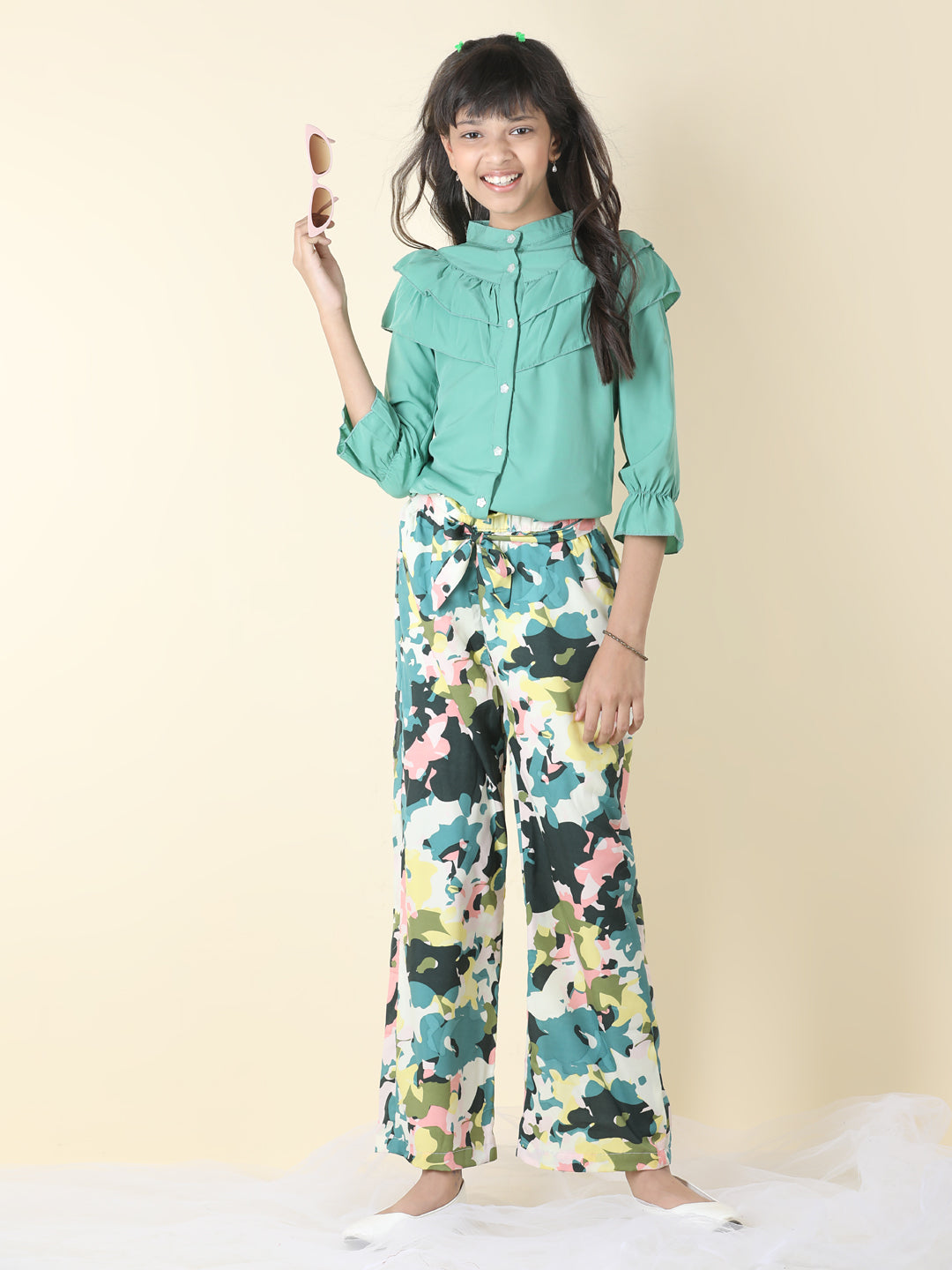 Cutiekins Girls Shirt Style Solid Top With Printed Palazzo -Sea Green & Off White