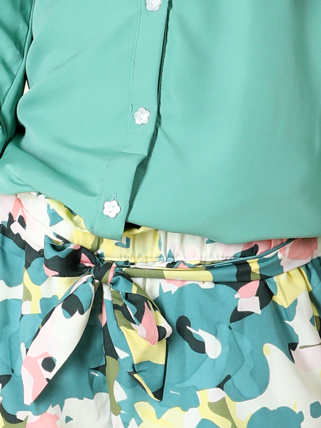 Cutiekins Girls Shirt Style Solid Top With Printed Palazzo -Sea Green & Off White