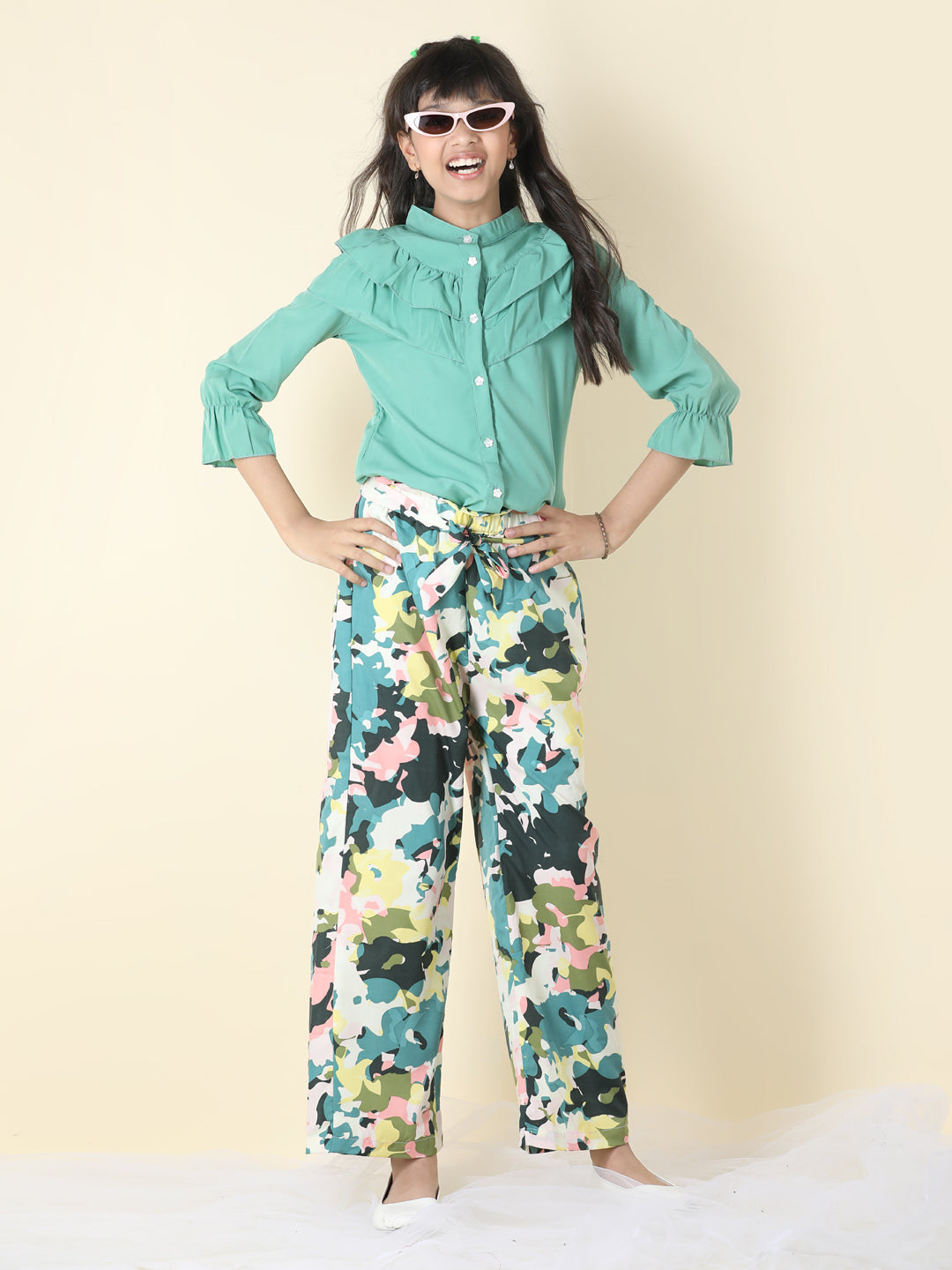 Cutiekins Girls Shirt Style Solid Top With Printed Palazzo -Sea Green & Off White