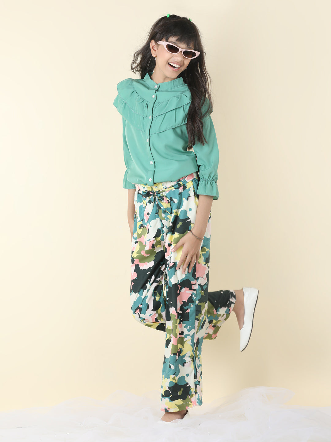 Cutiekins Girls Shirt Style Solid Top With Printed Palazzo -Sea Green & Off White