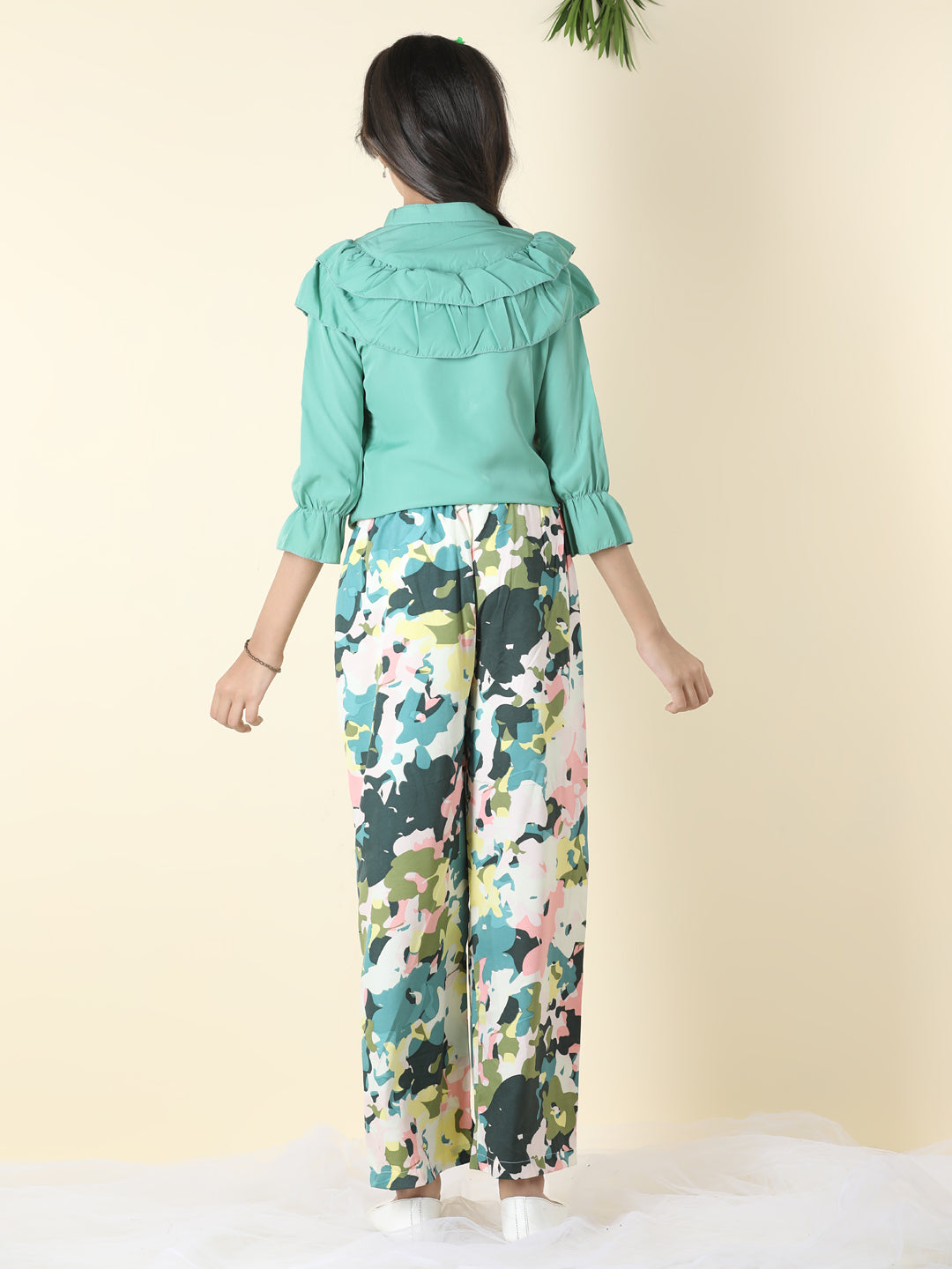 Cutiekins Girls Shirt Style Solid Top With Printed Palazzo -Sea Green & Off White