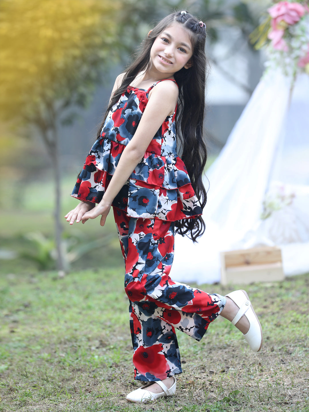 Cutiekins Shoulder Straps Printed Regular Top & Trousers Set -Red & Black