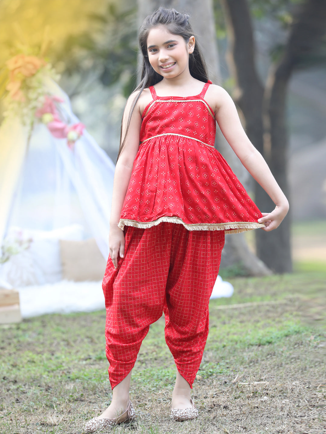 Cutiekins Shoulder Strap Printed Rayon Kurta & Dhoti Set -Red & Golden