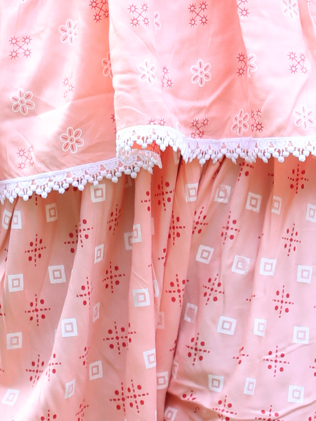 Cutiekins Shoulder Strap Printed Rayon Kurta & Dhoti Set -Peach & White