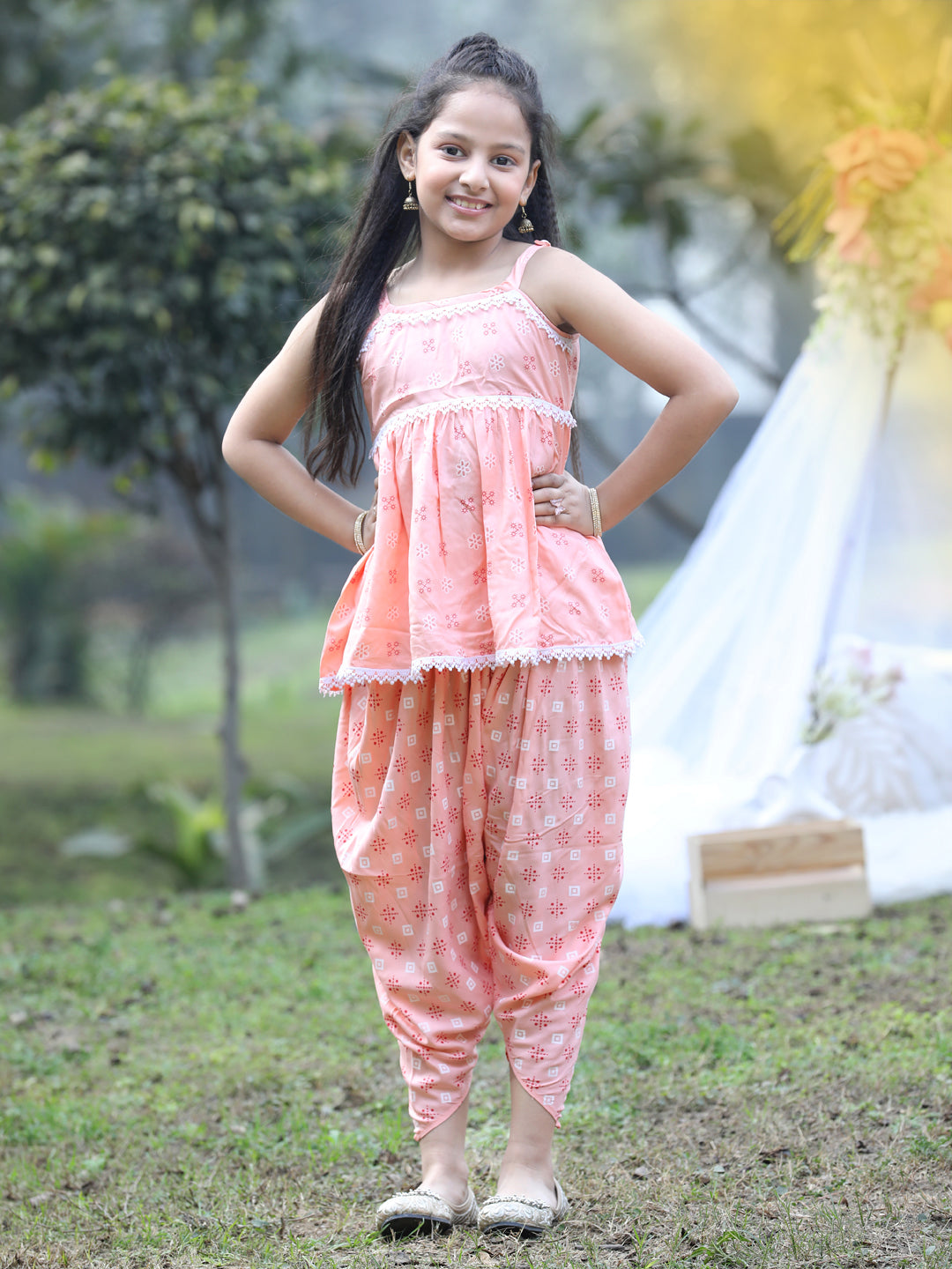 Cutiekins Shoulder Strap Printed Rayon Kurta & Dhoti Set -Peach & White