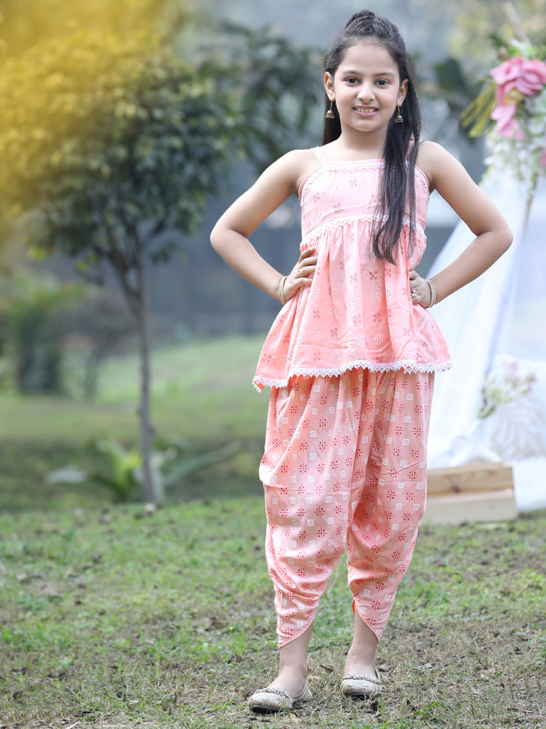 Cutiekins Shoulder Strap Printed Rayon Kurta & Dhoti Set -Peach & White