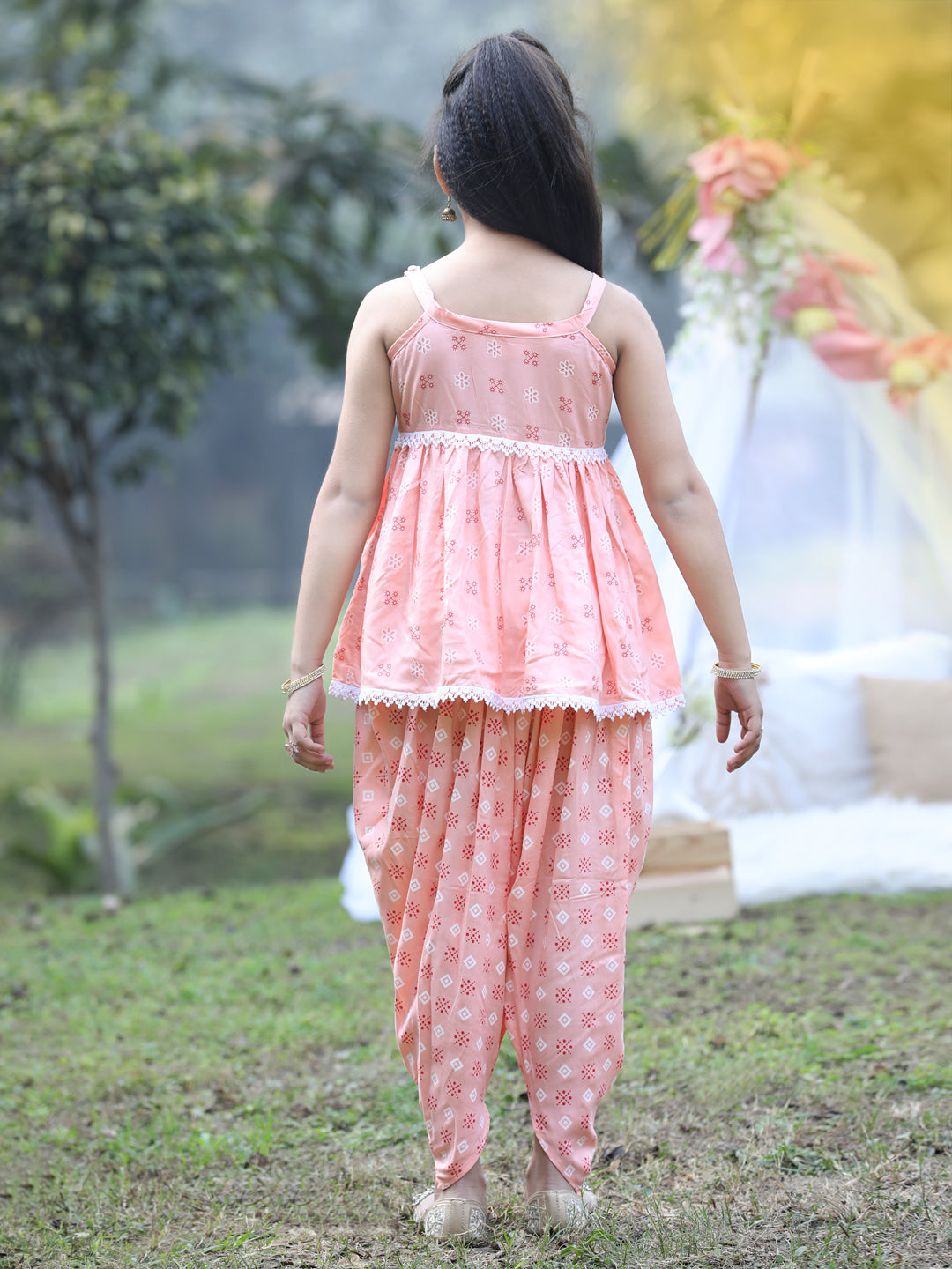 Cutiekins Shoulder Strap Printed Rayon Kurta & Dhoti Set -Peach & White