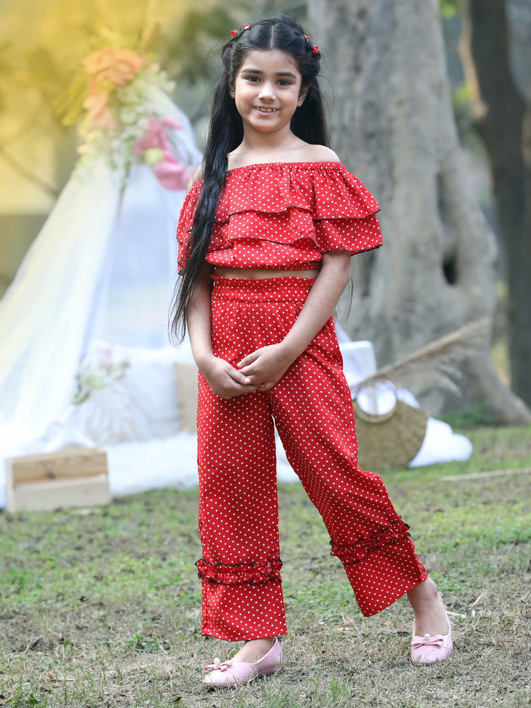 Cutiekins Off-Shoulder Printed Crop Top & Trousers Set -Red & White
