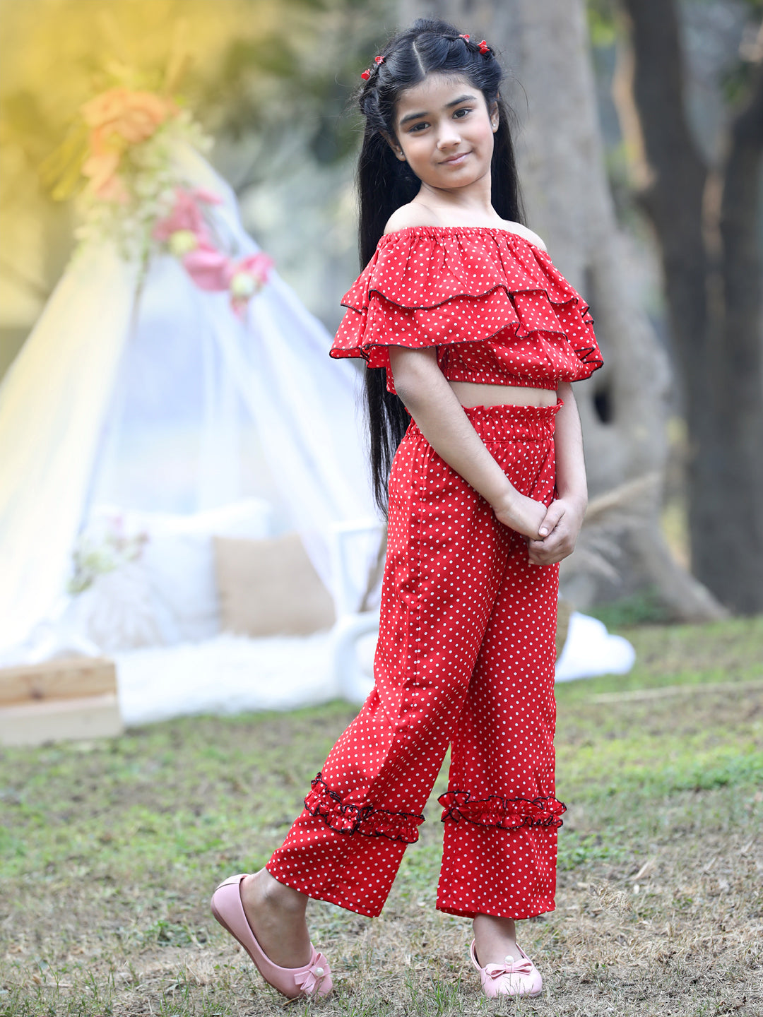 Cutiekins Off-Shoulder Printed Crop Top & Trousers Set -Red & White