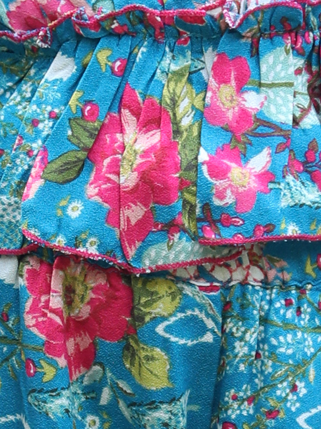 Cutiekins Round Neck Printed Crop Top & Trousers Set -Teal Blue & Pink