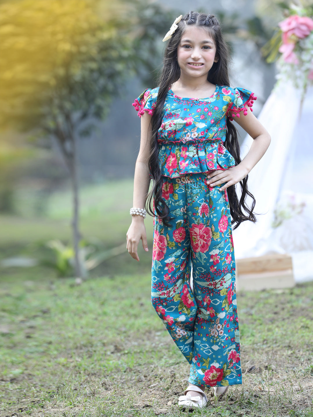 Cutiekins Round Neck Printed Crop Top & Trousers Set -Teal Blue & Pink
