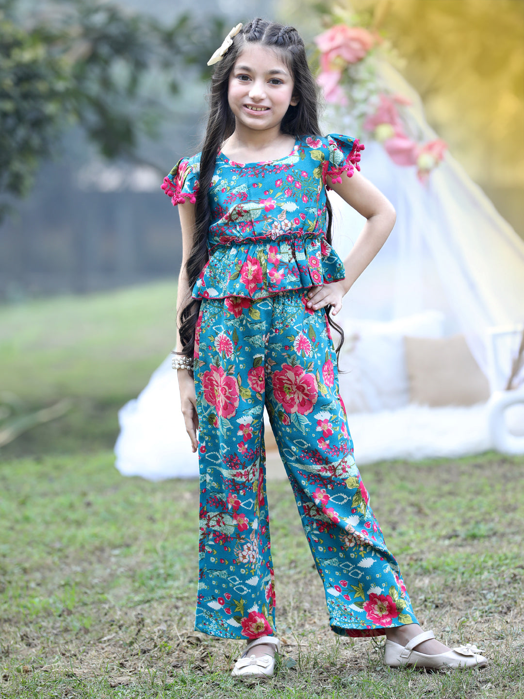 Cutiekins Round Neck Printed Crop Top & Trousers Set -Teal Blue & Pink
