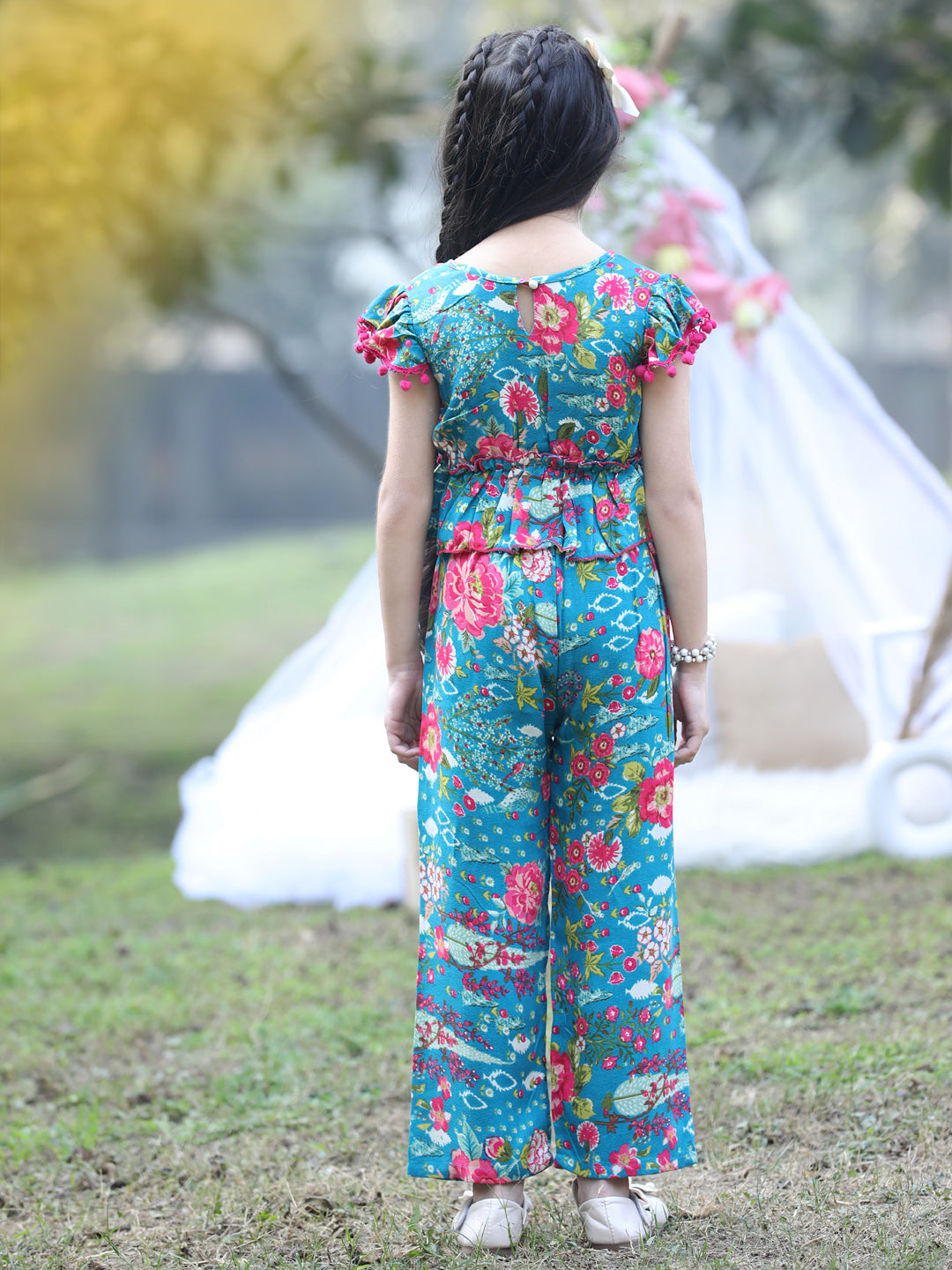 Cutiekins Round Neck Printed Crop Top & Trousers Set -Teal Blue & Pink