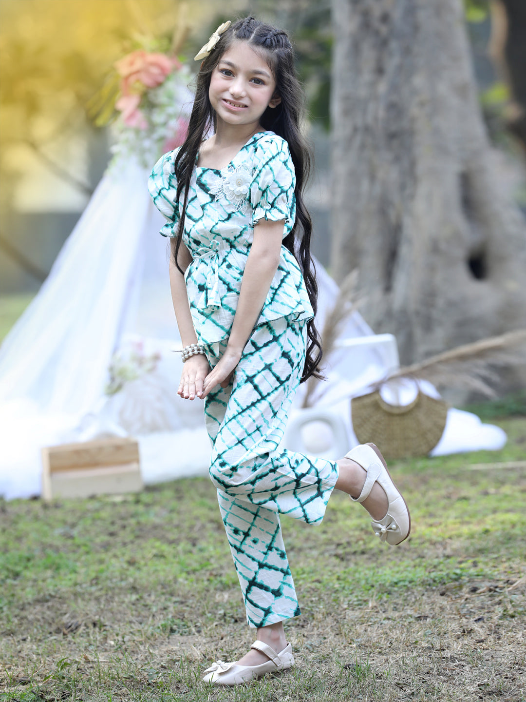 Cutiekins Square Neck Printed Regular Top & Trousers Set -White & Green