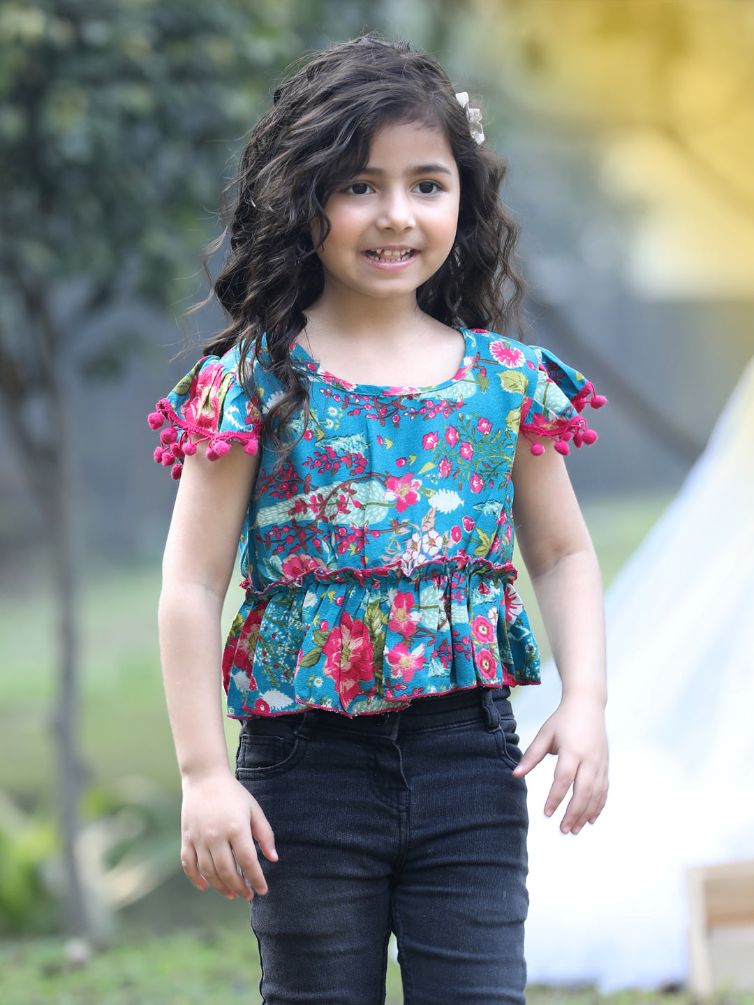 Cutiekins Round Neck Foral Printed Crop Top- Teal Blue & Pink