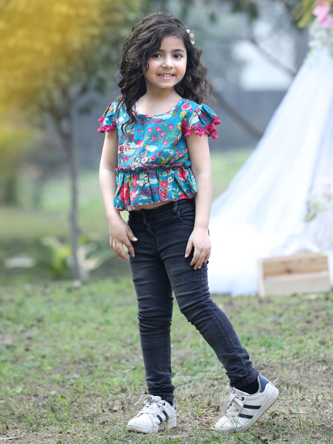 Cutiekins Round Neck Foral Printed Crop Top- Teal Blue & Pink