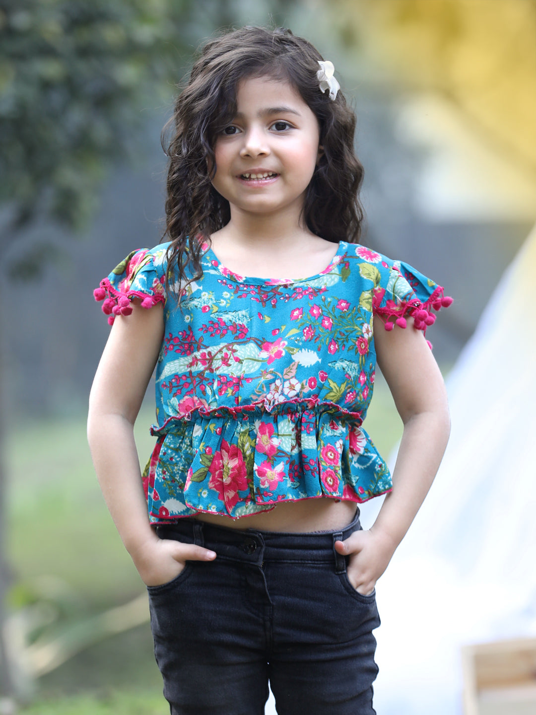 Cutiekins Round Neck Foral Printed Crop Top- Teal Blue & Pink