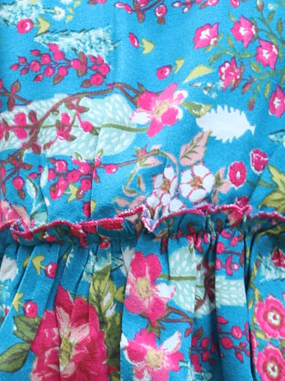 Cutiekins Round Neck Foral Printed Crop Top- Teal Blue & Pink