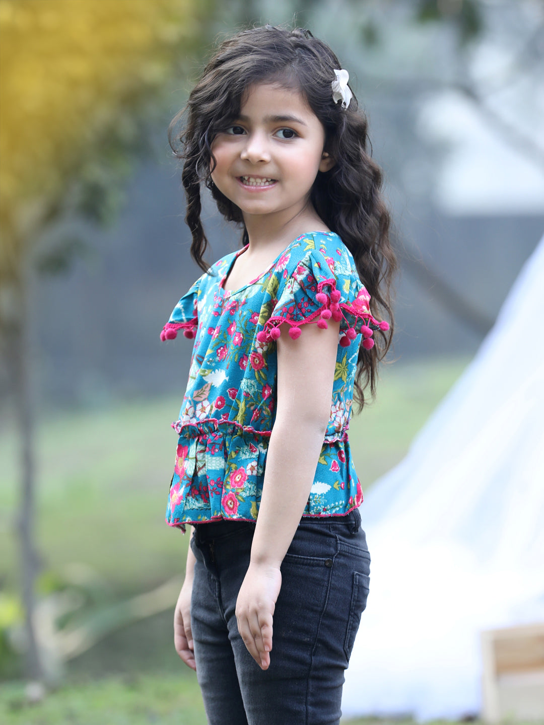 Cutiekins Round Neck Foral Printed Crop Top- Teal Blue & Pink