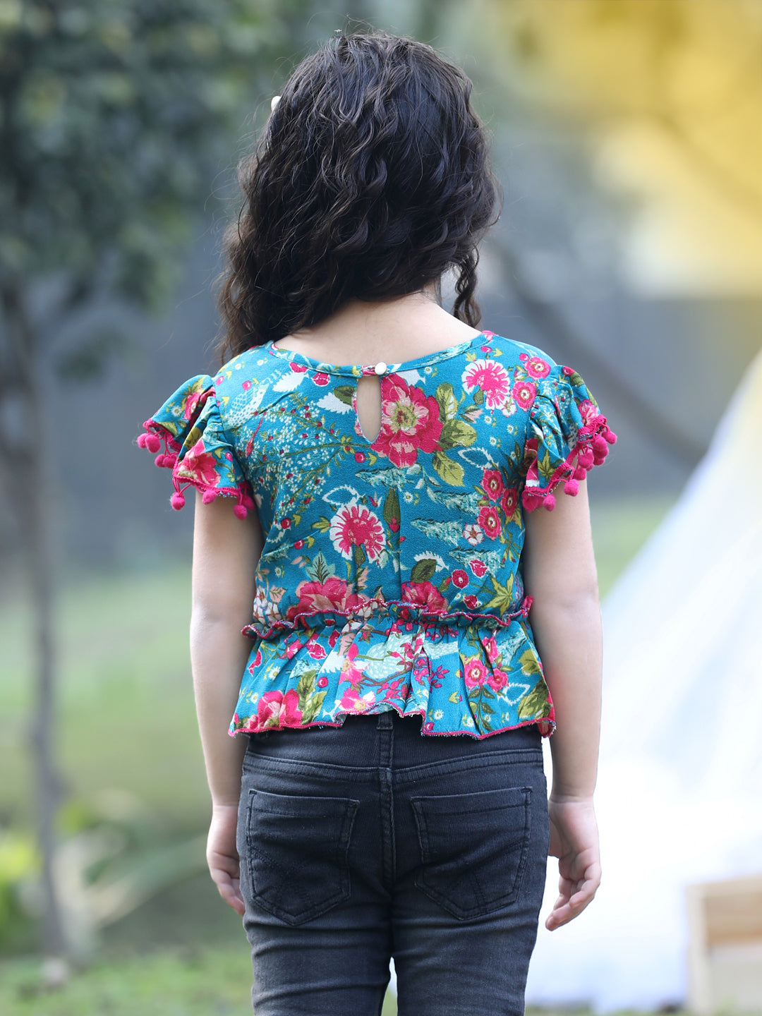 Cutiekins Round Neck Foral Printed Crop Top- Teal Blue & Pink