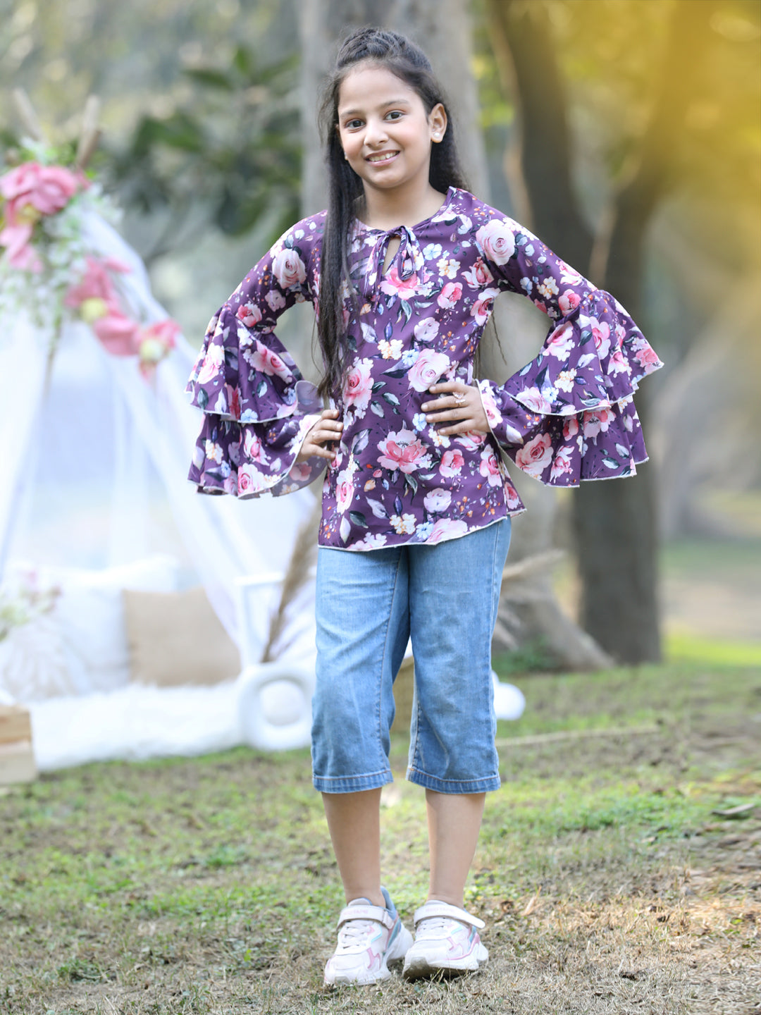 Cutiekins Front Knot Round Neck Foral Printed Regular Top -Mauve & Pink