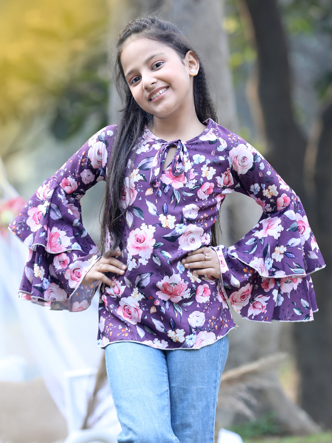 Cutiekins Front Knot Round Neck Foral Printed Regular Top -Mauve & Pink