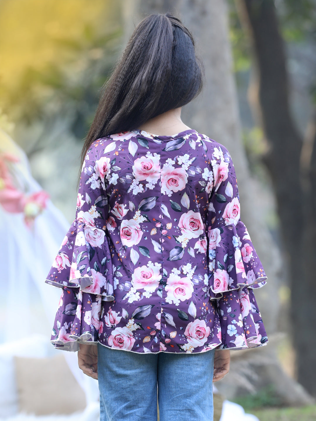 Cutiekins Front Knot Round Neck Foral Printed Regular Top -Mauve & Pink