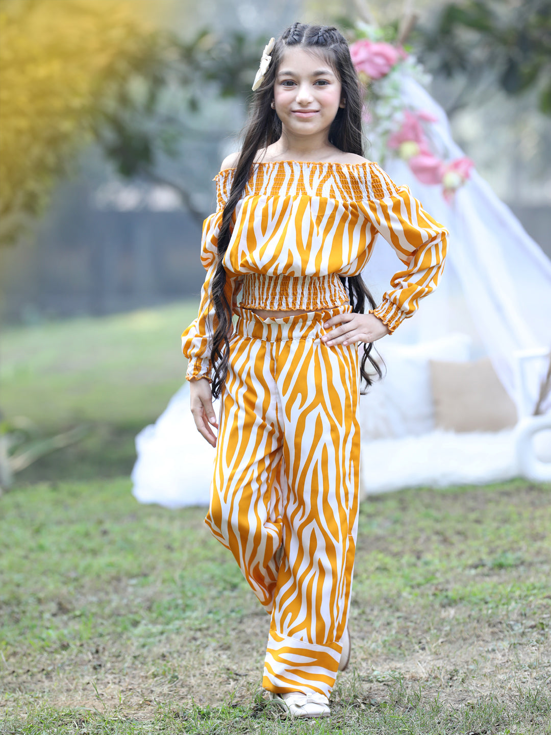 Cutiekins Off-Shoulder Printed Crop Top & Trousers Set -Mustard & White