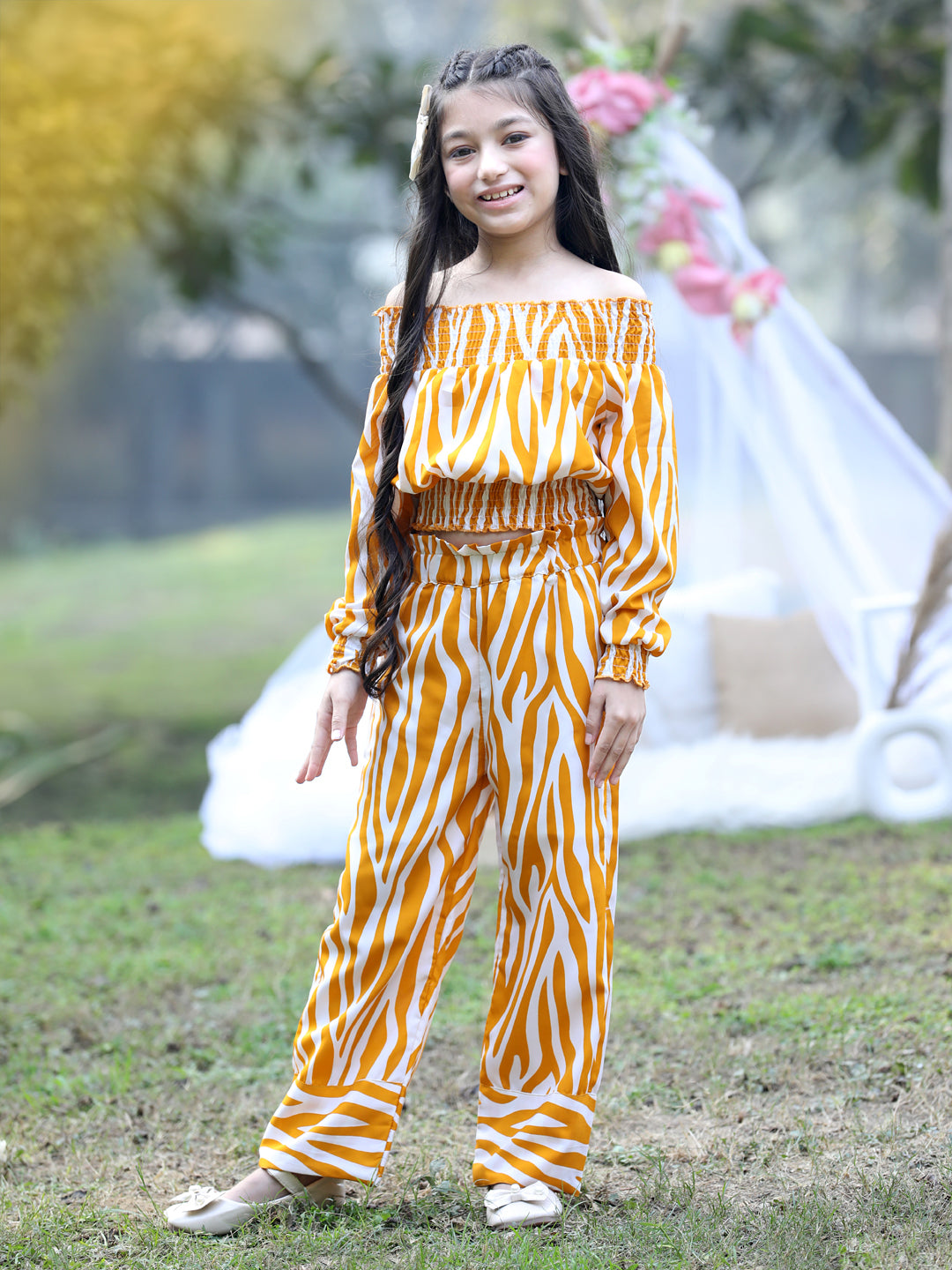 Cutiekins Off-Shoulder Printed Crop Top & Trousers Set -Mustard & White