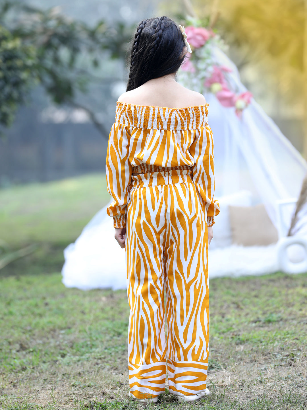 Cutiekins Off-Shoulder Printed Crop Top & Trousers Set -Mustard & White