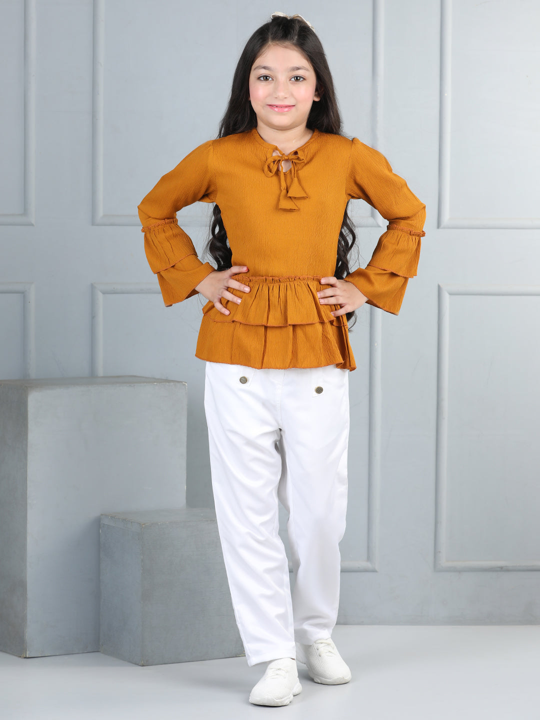 Cutiekins Girls Solid Tie-up Top With Solid Trouser -Mustard & White