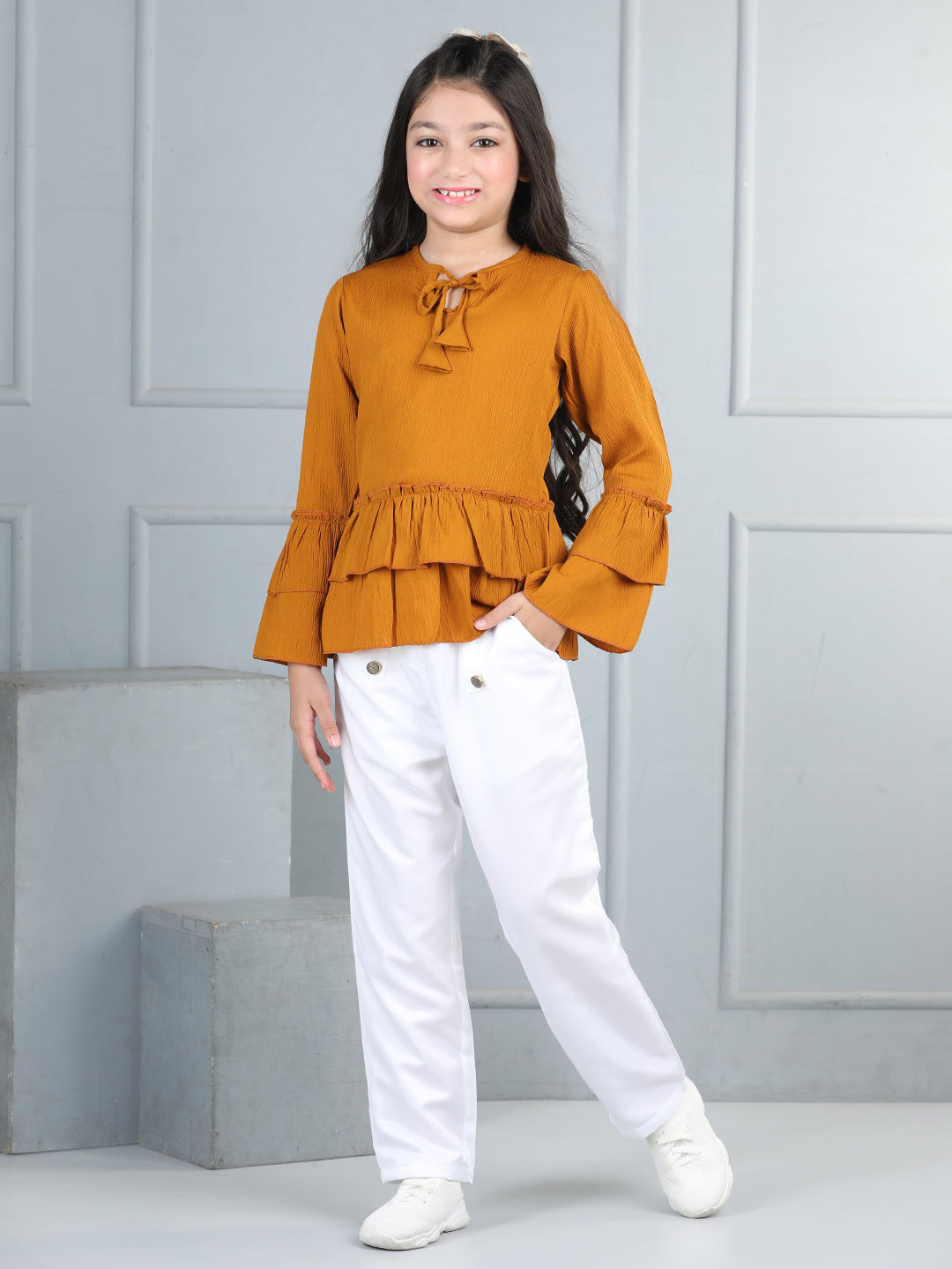 Cutiekins Girls Solid Tie-up Top With Solid Trouser -Mustard & White