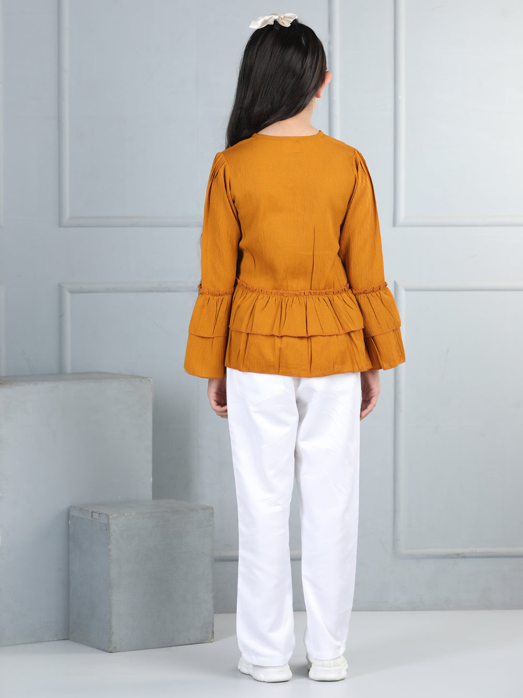 Cutiekins Girls Solid Tie-up Top With Solid Trouser -Mustard & White
